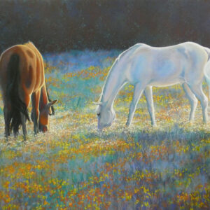 Mixed media painting of bay and gray horses with drips and splatters by VA artist Robyn Ryan