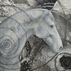 Mixed media collage painting of grey horse with spiral by VA artist Robyn Ryan