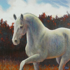 Mixed media painting of cantering grey horse with collage and drips by VA artist Robyn Ryan