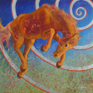 Mixed media acrylic layers painting of bucking horse with spontaneous colors and spiral by VA artist Robyn Ryan