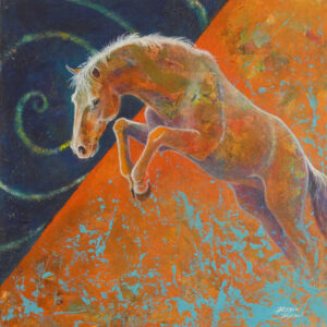 Mixed media painting of horse with spontaneous colors and spiral by VA artist Robyn Ryan