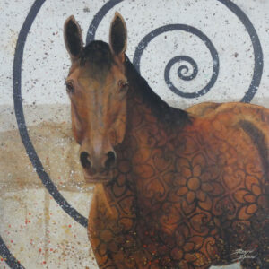 mixed media collage painting of horse with patterned paper and spiral