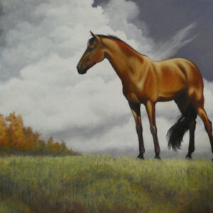 Mixed media painting of alert horse with collage, drips, and acrylic layers by VA artist Robyn Ryan