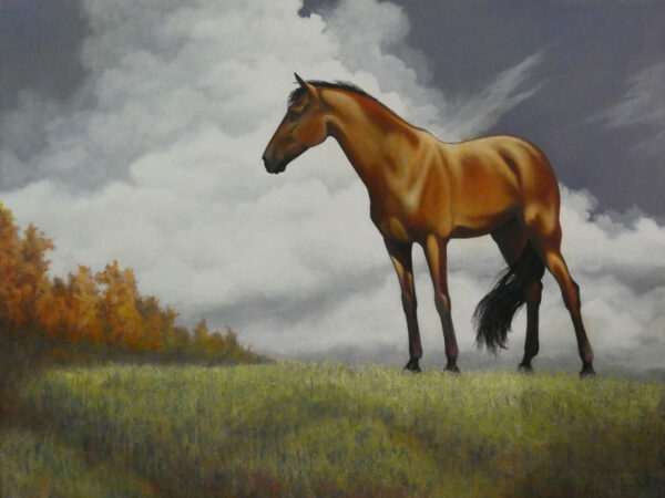 Mixed media painting of alert horse with collage, drips, and acrylic layers by VA artist Robyn Ryan