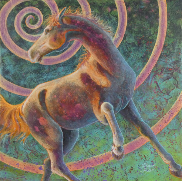 Mixed media acrylic layers painting of frolicking horse with collage and spiral by VA artist Robyn Ryan
