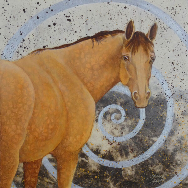 Mixed media painting of buckskin horse with collage and spiral by VA artist Robyn Ryan