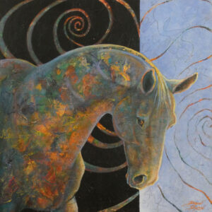 Mixed media collage painting of colorful horse with spirals by VA artist Robyn Ryan