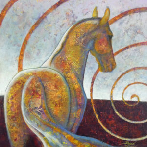 Mixed media collage painting of yellow horse with spiral by VA artist Robyn Ryan