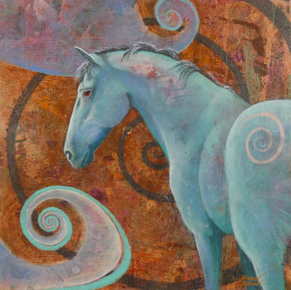 Mixed media collage painting of blue horse with spirals by VA artist Robyn Ryan