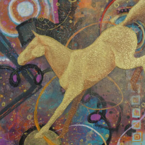 Mixed media collage painting of landing horse with spirals by VA artist Robyn Ryan