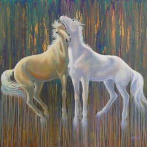 Acrylic painting of cavorting horses with drips by VA artist Robyn Ryan