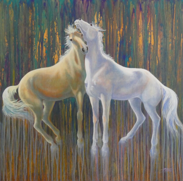 Acrylic painting of cavorting horses with drips by VA artist Robyn Ryan