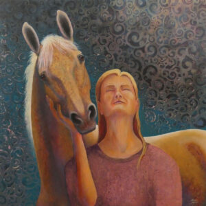 Mixed media collage painting of whispering palomino marbled horse with girl by VA artist Robyn Ryan