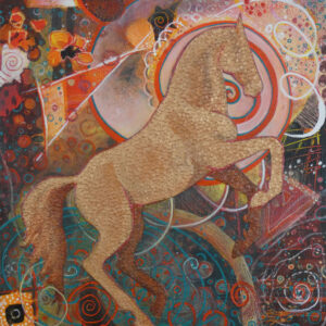 Mixed media collage painting of rearing horse with spiral by VA artist Robyn Ryan