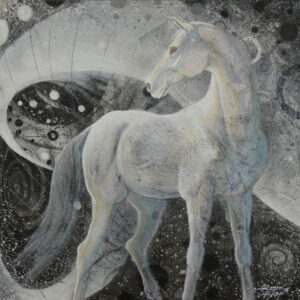 Mixed media collage painting of grey horse with spiral by VA artist Robyn Ryan