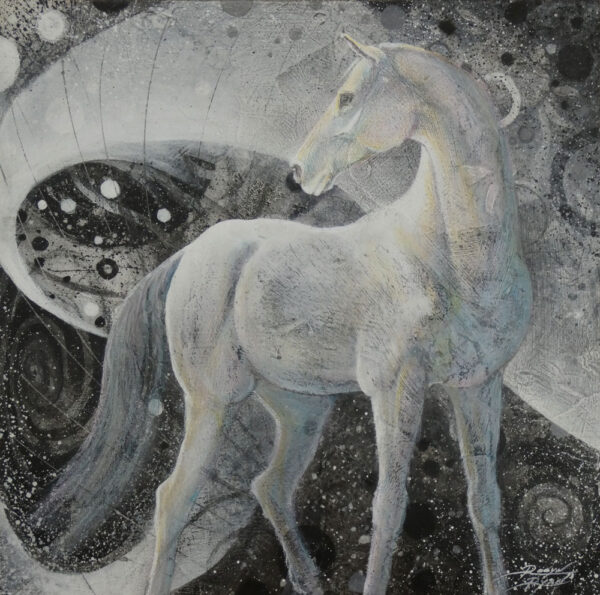 Mixed media collage painting of grey horse with spiral by VA artist Robyn Ryan